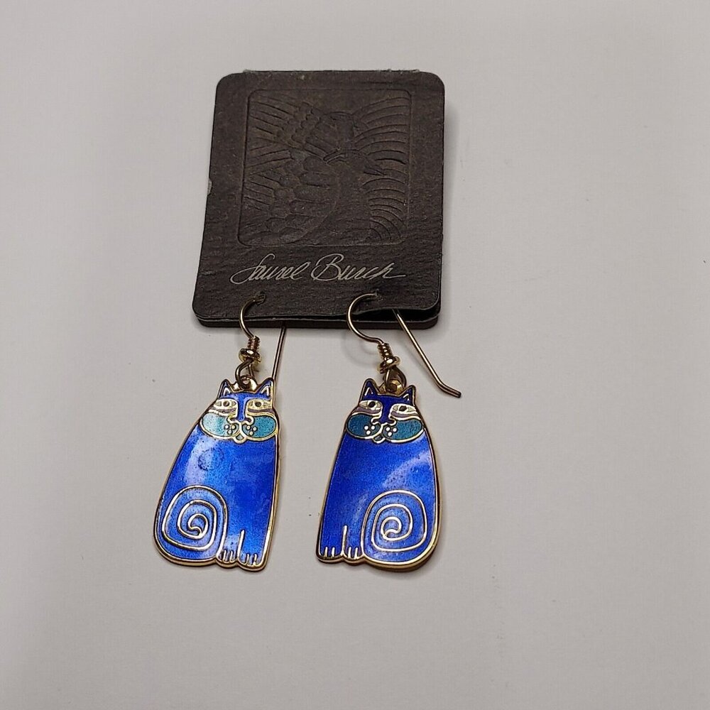 NWT Laurel Burch 1988 "Olivia" Cat 12k Gold Filled Blue Enamel Earrings